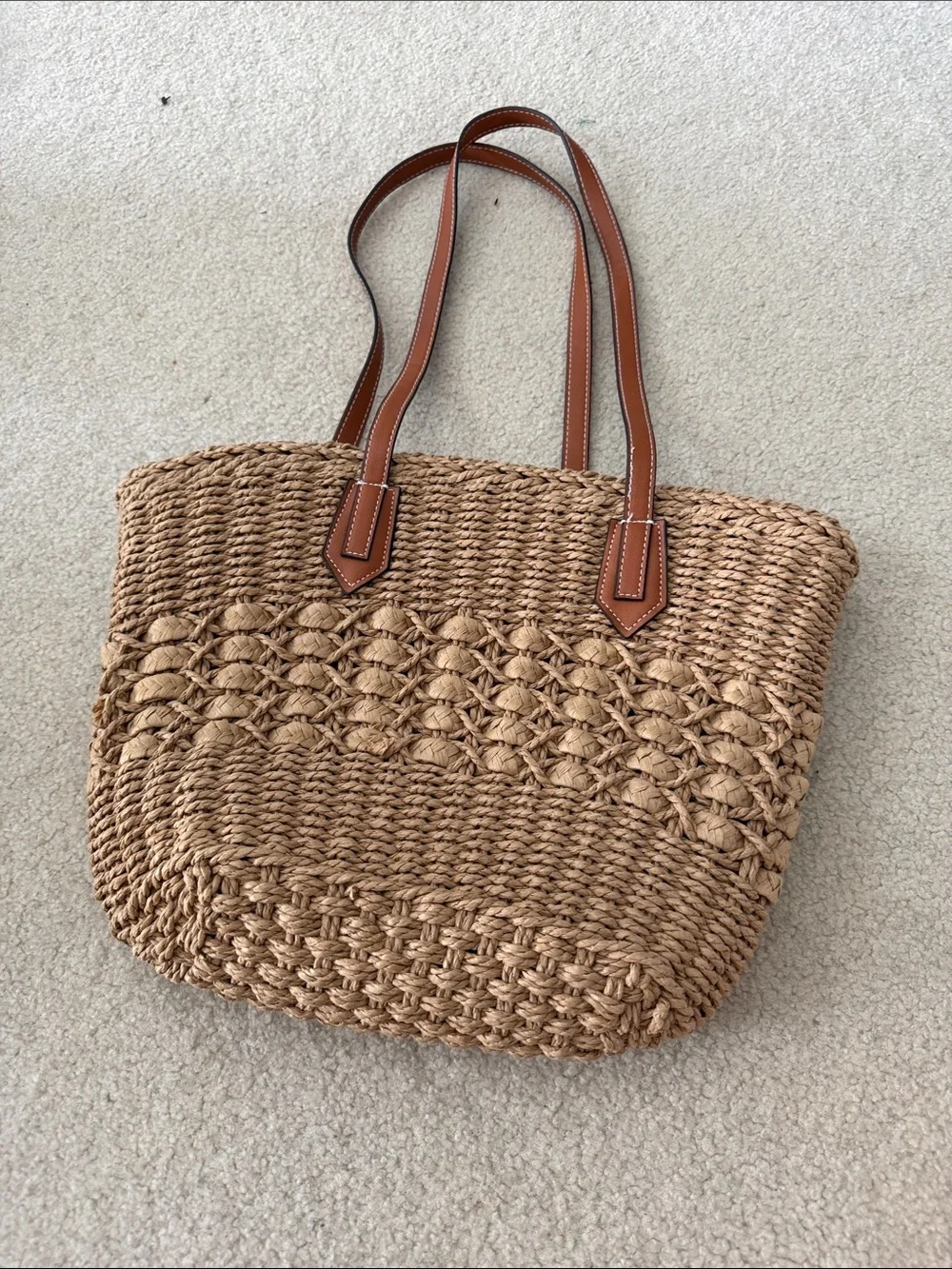 Woven Straw Tote Bag with Tan Leather Straps